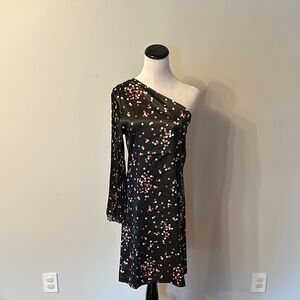 Tracy Negoshian Black and Pink Asymmetrical One Shoulder Dress